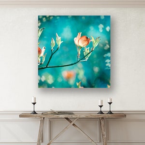 Teal Canvas Photography - orange peach turquoise canvas print aqua flower blue green floral canvas wrap wall art, 30x30, 20x20 "Enchanting"