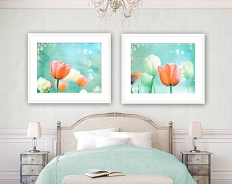 Flower Photography Set - 2 two teal orange mint blue aqua peach coral nature tulip print set turquoise wall art pastel nursery spring photos