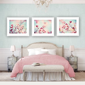 Pink Dogwood Photography Set, aqua blue floral tree nature nursery wall art spring photographs pale girls room decor cream branches blossoms
