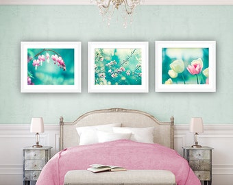 Aqua Pink Flower Print Set, teal blue turquoise photos nursery wall art floral pictures colorful decor nature photography girls room artwork