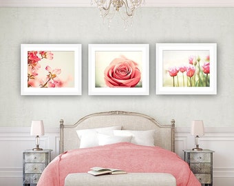 Pink, Coral Flower Set, floral photos nature nursery wall art girls room photography botanical pictures white cream salmon photographs decor