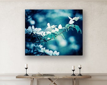 Dark Navy Blue Wall Art Canvas - Flower Photography Nature, Dogwood Print, Floral Art Print, Botanical Art, Master Bedroom Decor, Modern Art