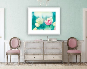 Pink Aqua Nursery Wall Art - teal turquoise white tulip spring flower nature print floral branches photograph photo, "Spring is in the Air"