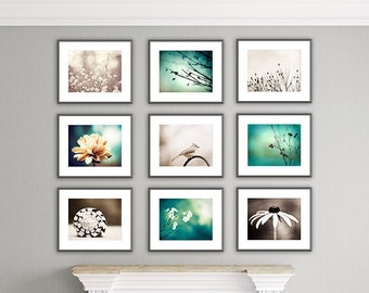 Gallery Wall Art Set of Prints 9, Nine Nature Photography Set, Teal Pictures, Beige Groupings, Above Couch Wall Decor, Turquoise Brown Cream