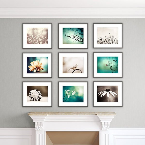 Gallery Wall Art Set of Prints 9, Nine Nature Photography Set, Teal Pictures, Beige Groupings, Above Couch Wall Decor, Turquoise Brown Cream