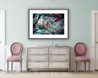 Blue Pink Floral Art Print, dogwood photography dark aqua picture flower wall art nature tree branches print branch, "I Never Walk Alone"