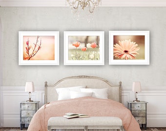 Peach Flower Set, floral photos nature peach nursery wall art girls room photography botanical pictures white coral pretty photographs