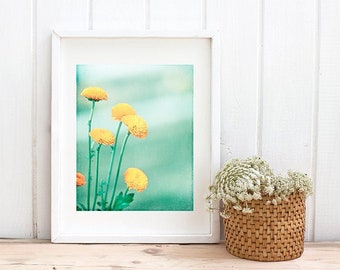 Teal Pictures Yellow Flower Art - Mint Green Print, Botanical Photo, Gold Cottage Chic, Turquoise Art, Vertical Wall Art, Photography Nature