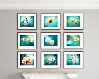 Teal Photo Set - 9 Photographs - aqua turquoise nature flowers botanical photography set nine photos yellow white colorful wall art prints