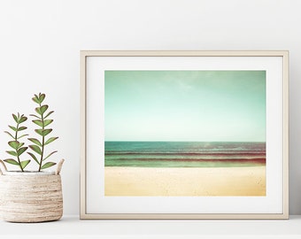 Mint Green Wall Art Ocean Print - Beach Artwork, Coastal Cottage Decor, Pastel Beach Print, Beach House Gift, Sea Horizon Photo