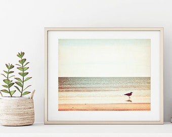 Beach Photography - seagull bird ocean horizon white photo coastal wall art neutral print sea peach beige - 8x10, 11x14 Photograph, "Wading"