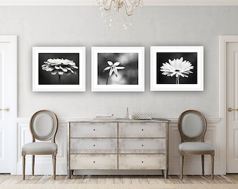 Black and White Flower Photography Set, Three Floral Prints, 11x14, 8x10, 5x7, 3 dark grey gray modern photographs neutral wall art photos