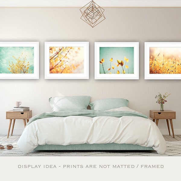 Nature Photography Set of Four Prints - Mint Green Print, Yellow Art, Gallery Wall Set of 4, Botanical Photo, Bedroom Art, Girl Nursery Teal