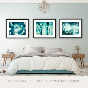 Teal Abstract Bokeh Photography Set, aqua blue turquoise sparkle photos dark sparkly circles wall print set bubble photograph modern artwork