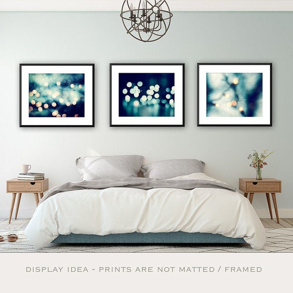 Dark Blue Abstract Photography Set, abstract lights photos navy wall art gold cream bokeh sparkle prints sparkly decor modern circles print