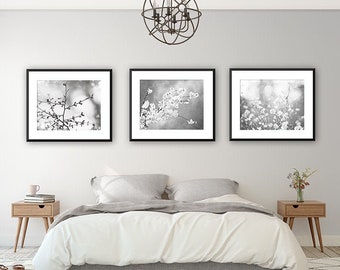 Grey Nature Photography Set, gray black and white nursery pictures three wall art prints botanical light pale floral wall baby girl decor