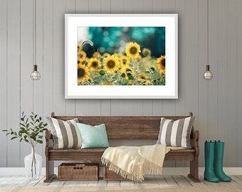 Sunflower Photography - yellow teal flower art print turquoise aqua blue nature decor flowers field floral gold green picture, "Sunflowers"