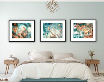 Copper Leaves Prints - Leaves Wall Decor Teal & Copper Wall Art Foliage 3 Photo Prints Set Gallery Wall Art Housewarming Gift