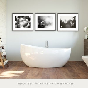 Black and White Bathroom Set - abstract laundry room wall art soap bubble photos dark grey pictures, modern photography, neutral photographs