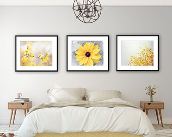 Gallery Wall Prints - Bedroom Wall Decor Mustard Yellow & Gray Wall Art Large Art Prints Floral Wall Decor