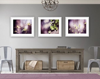 Dark Purple Photography Set - nature green plum black prints, botanical deep purple wall art, modern branches photographs 11x14, 8x10, 5x7