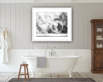 Grey Bubble Art Print - black and white neutral bathroom decor laundry room photography light gray bath wall art pale abstract, "Fresh Air"