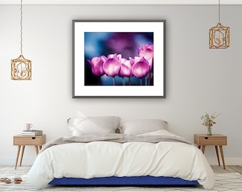 Above Bed Art Tulip Print - Master Bedroom Decor, Flower Wall Decor, Botanical Photo, Pink and Blue