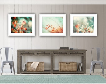 Teal Mint, Red Orange Print Set - nature photography turquoise rust botanical wall art branches photos mint green decor, 11x14, 8x10, 5x7