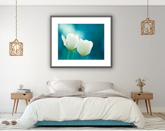 Flower Photography - aqua decor blue white tulips print teal turquoise colorful modern floral wall photo 11x14, 8x10 Photograph, "Charisma"
