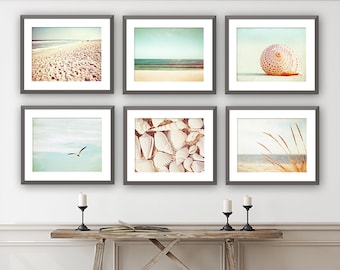 Beach Photo Set - Six Photographs 11x14, 8x10, 5x7 - ocean seashell beach sea shells photography print set mint green cream beige peach teal