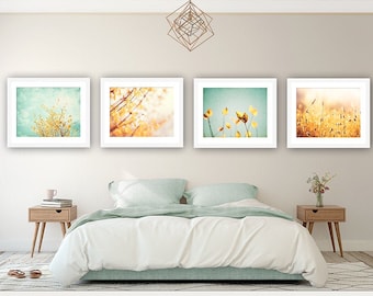 Nature Photography Set of Four Prints - Mint Green Print, Yellow Art, Gallery Wall Set of 4, Botanical Photo, Bedroom Art, Girl Nursery Teal