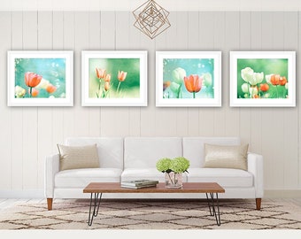 Set of Four Prints, Tulip Print Flower Art - Nature Photography Set, 4 Piece Wall Art, Floral Print, Aqua Blue, Orange, Green, Coral