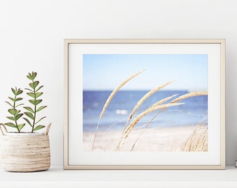 Beach Grass Photography - grasses calming ocean blue light beige sea white cream nature print coastal wall art - 11x14, 8x10 Photograph