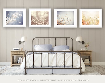 Farmhouse Wall Art Print Set of Four - Country Artwork, Rustic Pictures, Botanical Print Set in Blue, Beige