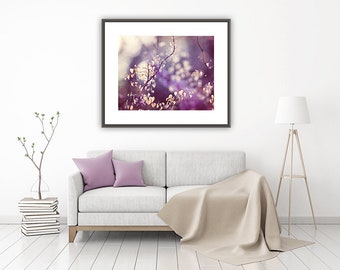 Purple Nature Photography, plum cream beige yellow branches photo branch print violet decor botanical wall art color photograph, "Luminous"