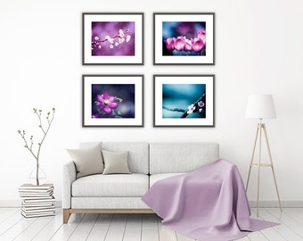 Flower Photography Set - Four Photographs - purple dark blue prints pink plum white floral nature photo set tulips branches wall art violet