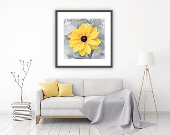 Yellow and Gray Wall Art, yellow grey flower photography nature print large nursery decor baby little girls room botanical photo, "Happy"