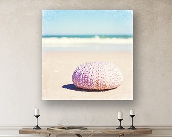 Pastel Beach Print Large Canvas - Seashell Wall Art, Coastal Cottage Decor, Shell Artwork, Ocean Nursery Prints, Sea Urchin, Purple, Blue