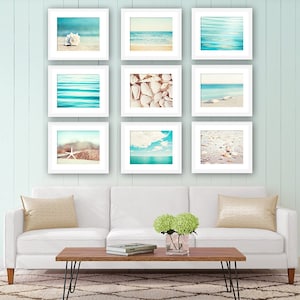 Aqua Blue Beach Photography Set 9 ocean nautical prints, cream beige white, coastal sea gallery wall art, seashore photos seashell decor image 1
