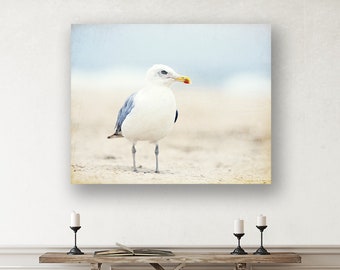 Seagull Print Art Canvas, Beach Artwork, Coastal Farmhouse Decor, Beach House Decor, Shore Birds, Nautical Nursery, Light Blue, White, Beige