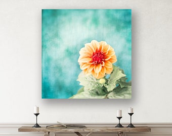 Aqua Wall Art, Blue Botanical Print Large Canvas - Teal Artwork, Orange Peach Girl Nursery Decor, Flower Photography, Nature Photos