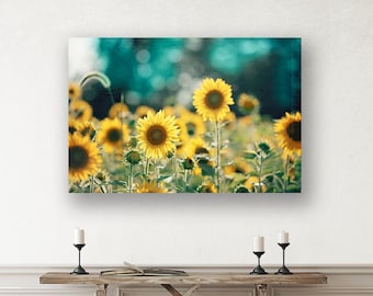 Sunflower Canvas Prints - Teal Pictures, Yellow Flower Photography, Turquoise Wall Art, Large Nature Prints, Floral Wall Decor, Aqua Green