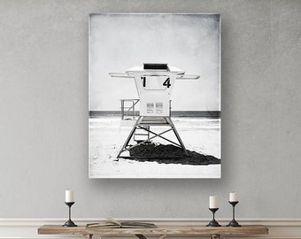 Lifeguard Tower Print Beach Canvas Wall Art - San Diego Photography California Art, Modern Coastal Decor, Black White Art, Grey Wall Decor