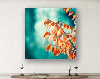 Teal Orange Canvas Gallery Wrap - turquoise aqua print nature blue branches modern colorful botanical rust photography wall art, "Embrace"