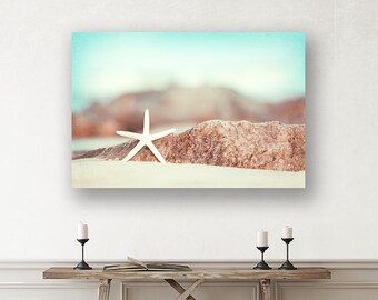 Starfish Wall Decor Art Canvas - Beach Artwork, Coastal Cottage Decor, Seashell Print in Aqua Blue, Turquoise, White, Brown