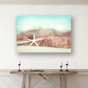 Starfish Wall Decor Art Canvas Beach Artwork, Coastal Cottage Decor, Seashell Print in Aqua Blue, Turquoise, White, Brown image 1