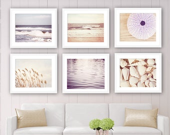 Beach Photo Set - Six Photographs 11x14, 8x10, 5x7 - ocean seashell cream pale purple lavender sea shells photography nautical wall print