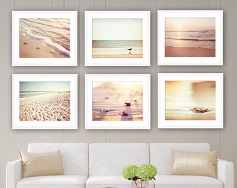 Coastal Photography, Set of Six Beach Photos, Beige Wall Art, Pale Cream Seashore Decor, Ocean Print Set, Gallery Wall Pictures, Light Brown