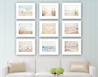 Pale Beach Photography Set, white cream light beige brown coastal prints 9 nine 11x14, 8x10, 5x7 ocean sea dune blue seashore wall art shore