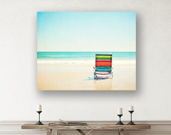 Beach Canvas Art, aqua colorful coastal photography, light blue teal turquoise red orange green, nautical wall art seashore, "Beach Chair"